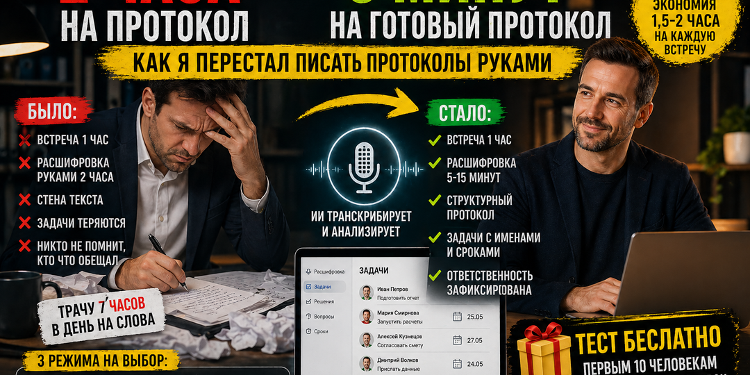 🎙️ «2 часа встречи = 30 минут на расшифровку. Как я перестал писать протоколы руками»
