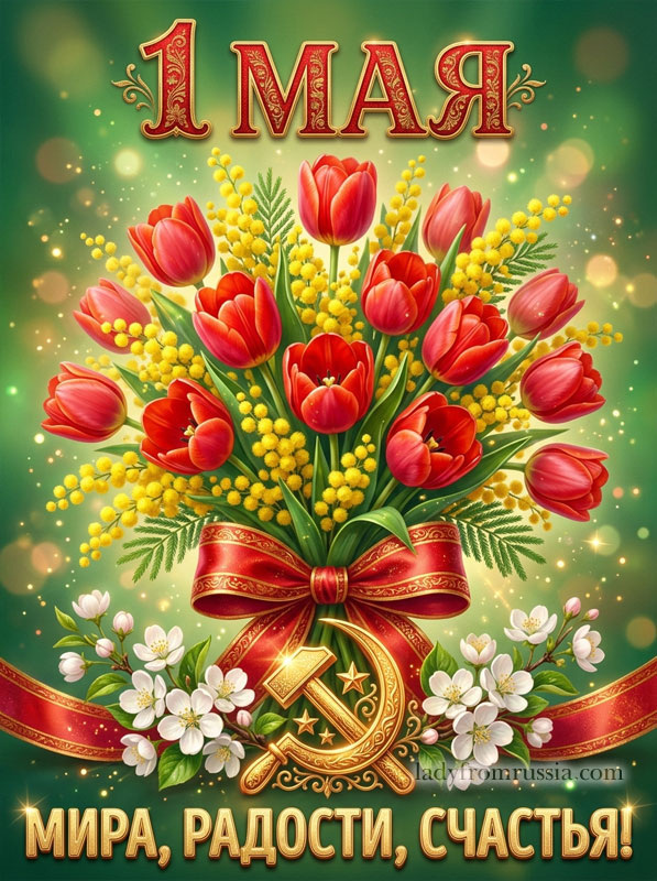 Открытка с 1 мая с пожеланием мира, радости и счастья.