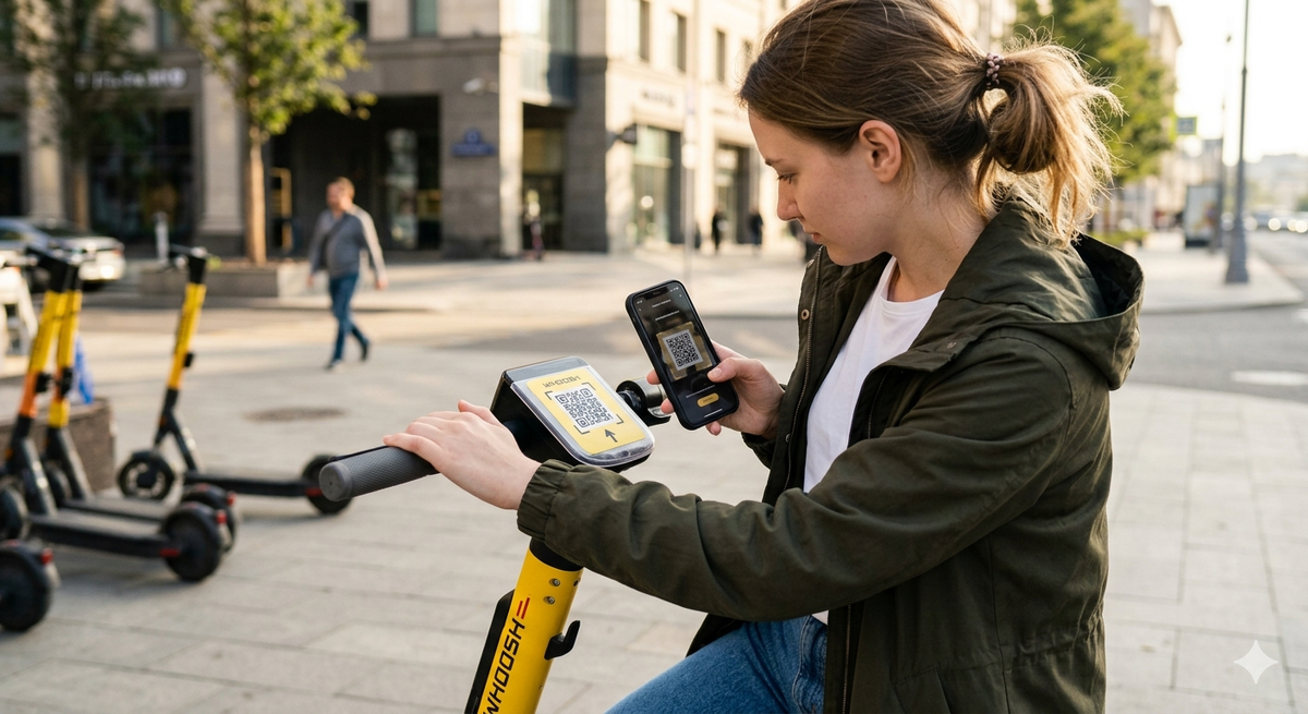  QR-код на руле жёлтого самоката Whoosh
