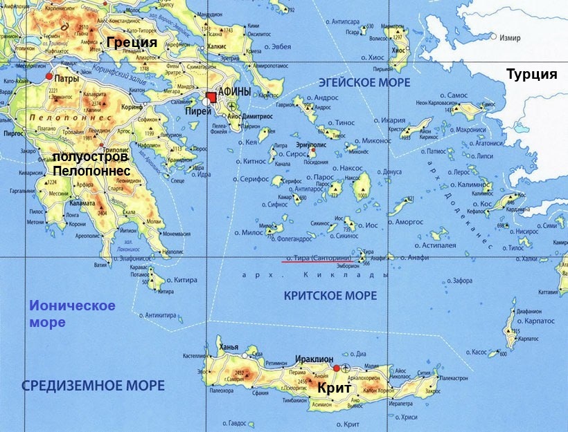 Рис 2 Карта-план Эгейского моря. Это не морская, а географическая карта, но ней чётко поименованы города, острова и полуострова, что и нужно нам для повествования. Часть Эгейского моря, что севернее острова Крит, здесь он на юге в самой нижней части карты, называется с архаичных времён Критским морем. Штормовое Критское море имеет недобрую штормовую славу. Но это не всё время, нередко оно бывает мирным и ласковым, как котёнок. Штормовому переходу через Критское море посвящёа центральная часть повествования дзен-трилогии "Нормальные герои всегда идут в обход".