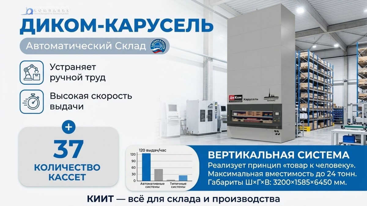 автоматизированный склад карусельного типа ДиКом-Карусель 2450-525 H7000 на 37 кассет.