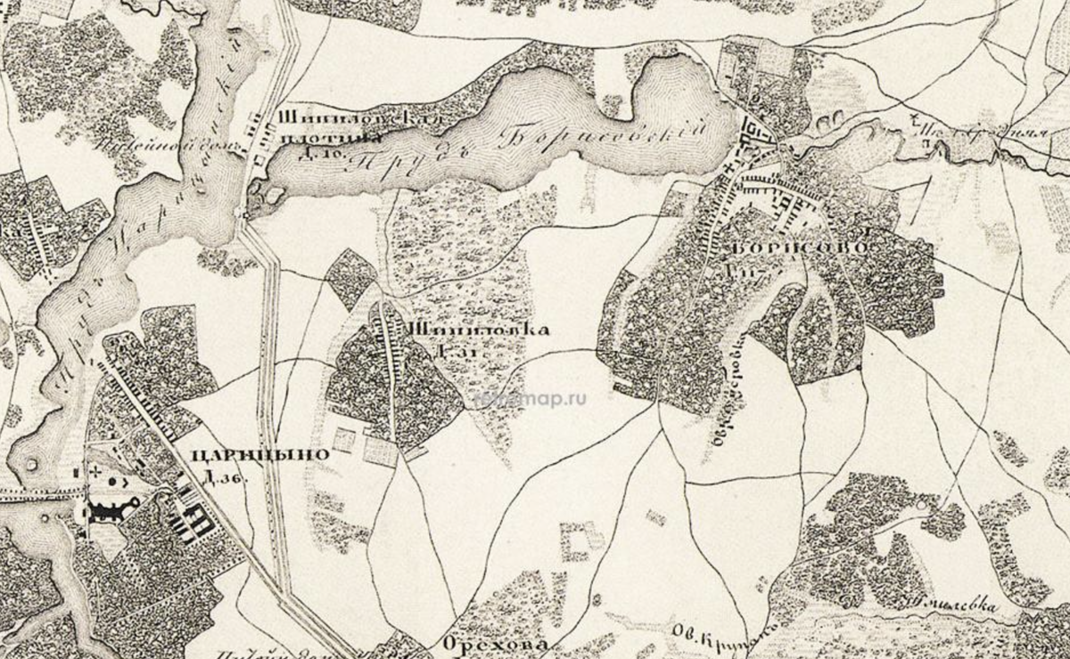 Село Борисово на карте окрестностей Москвы 1848 года. С сайта www.retromap.ru.
