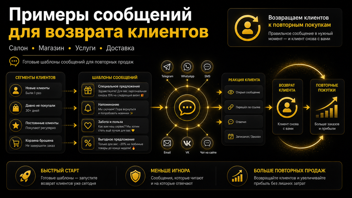 Примеры сообщений для возврата клиентов: салон, магазин, услуги, доставка