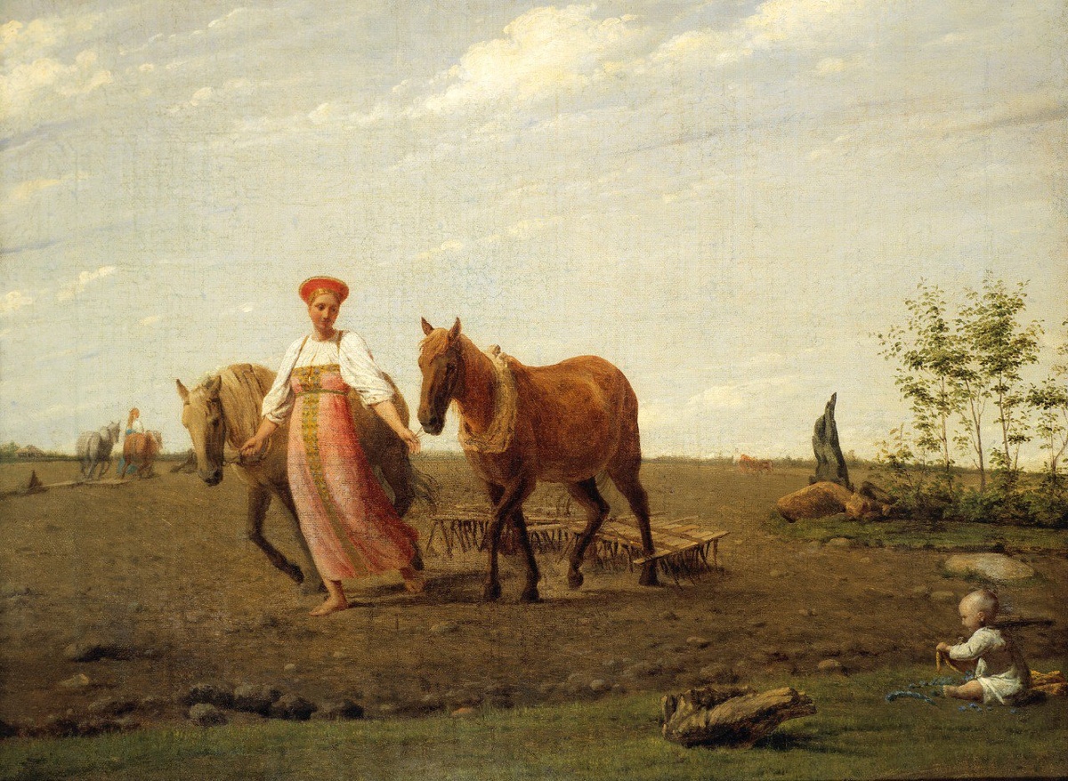 Алексей Гаврилович Венецианов  (1780 — 1847) "На пашне. Весна". Первая половина 1820-х. Холст, масло, 51,2  x 65,5 см. Третьяковская галерея, Москва