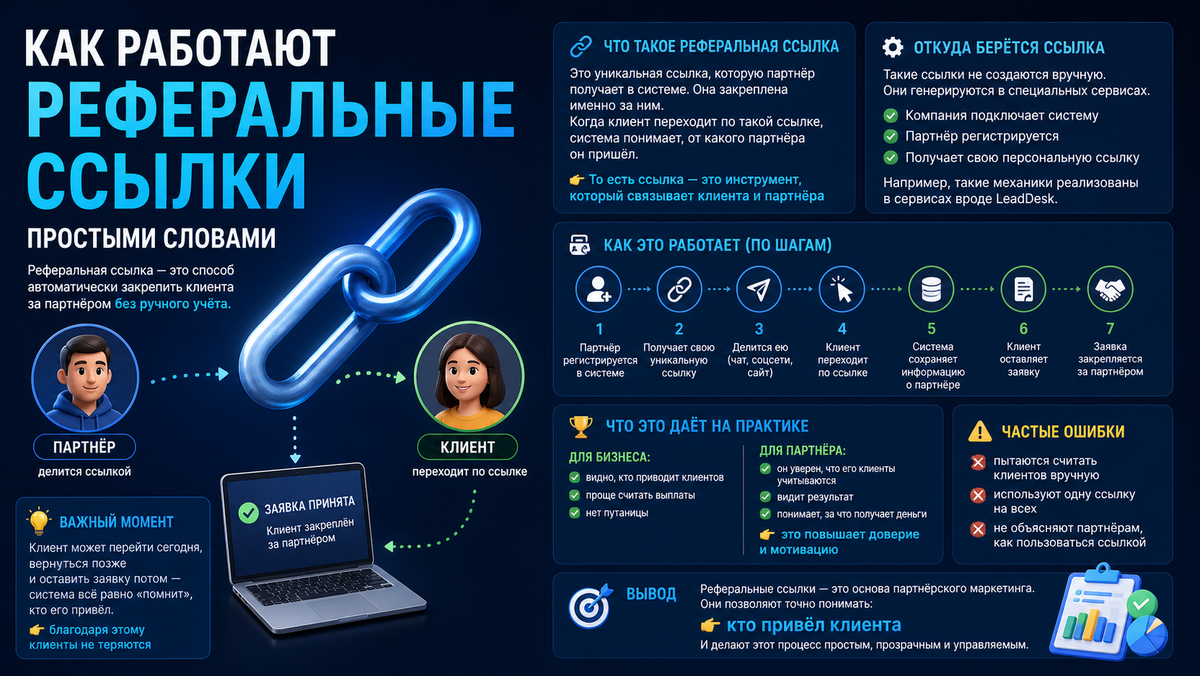 Реферальные ссылки помогают автоматически определить, какой партнёр привёл клиента, без ручного учёта.