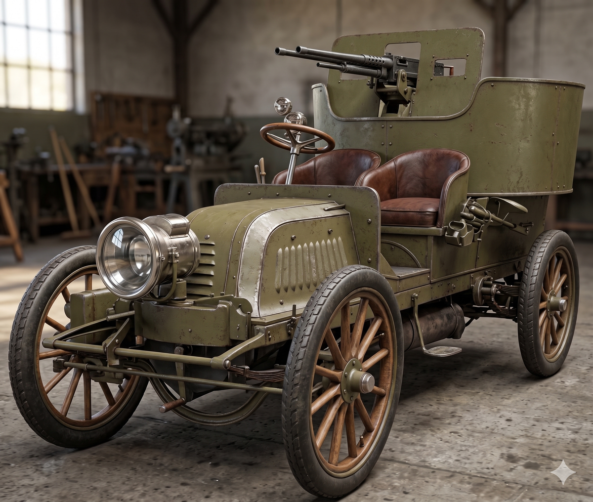 Бронеавтомобиль Charron 50CV образца 1902 года собственной персоной. Изображение раскрашено и восстановлено нейросетью, возможны неточности.