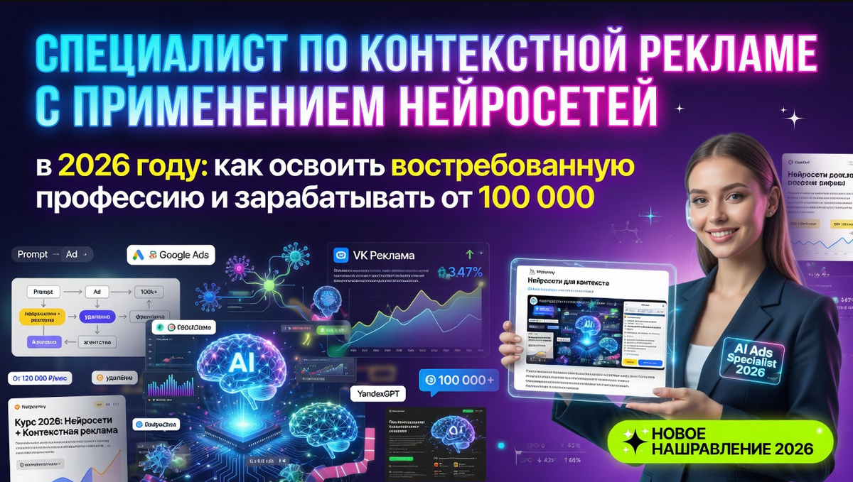 
Научитесь настраивать интернет-рекламу с помощью нейросетей и зарабатывать от 100-150 тыс рублей в месяц Освойте удаленную профессию и станьте востребованным специалистом по контекстной рекламе яндекс директ с нейросетями