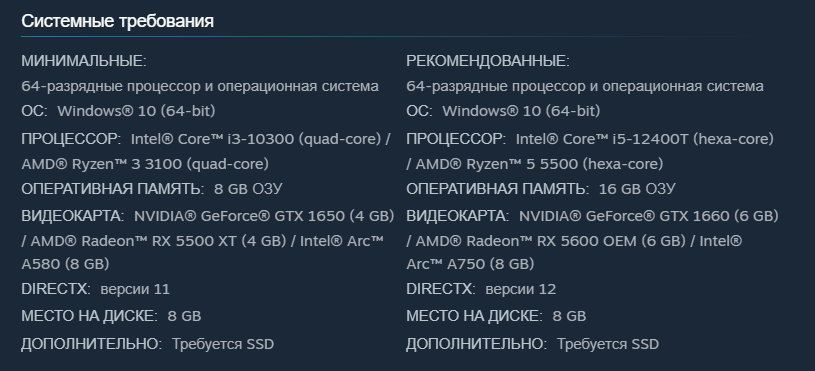 Системные требования из Steam