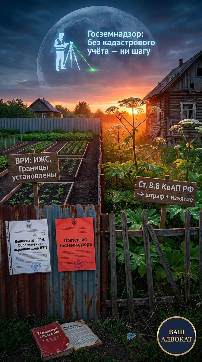 Два соседских участка: один знает про границы и ВРИ, а второй уже ждёт инспектора из Госземнадзора. Кстати, лунный тоже не дремлет. | Адвокат Журавлев Алексей Дмитриевич