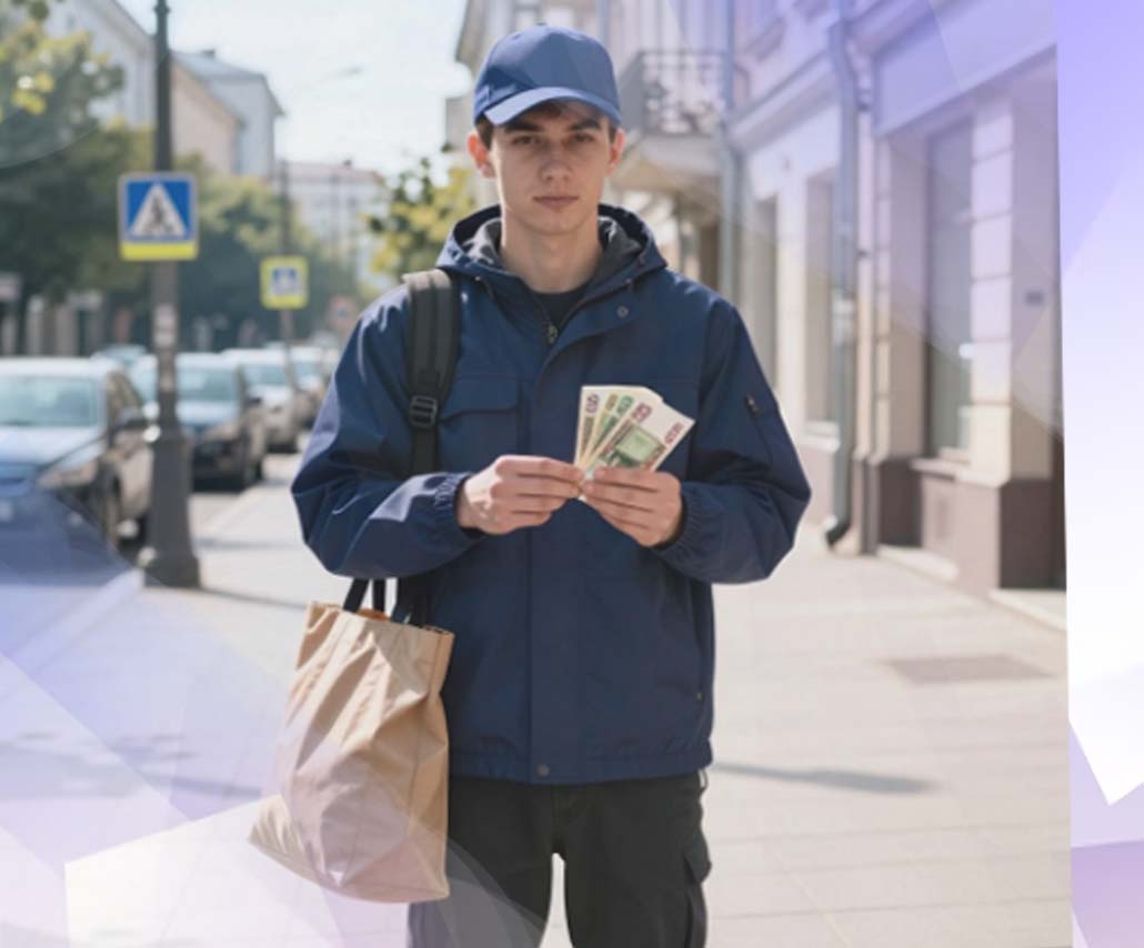 Курьер с очень большой кучей денег в руках