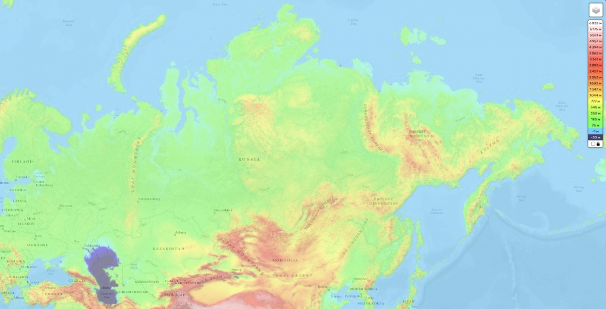 Рисунок 1. Топографическая карта высот России