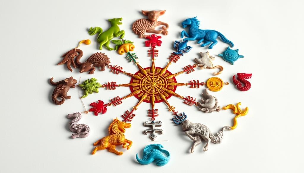    Иллюстрация 12 зодиакальных животных восточного календаря, расположенных в круге с яркими цветами стихий.