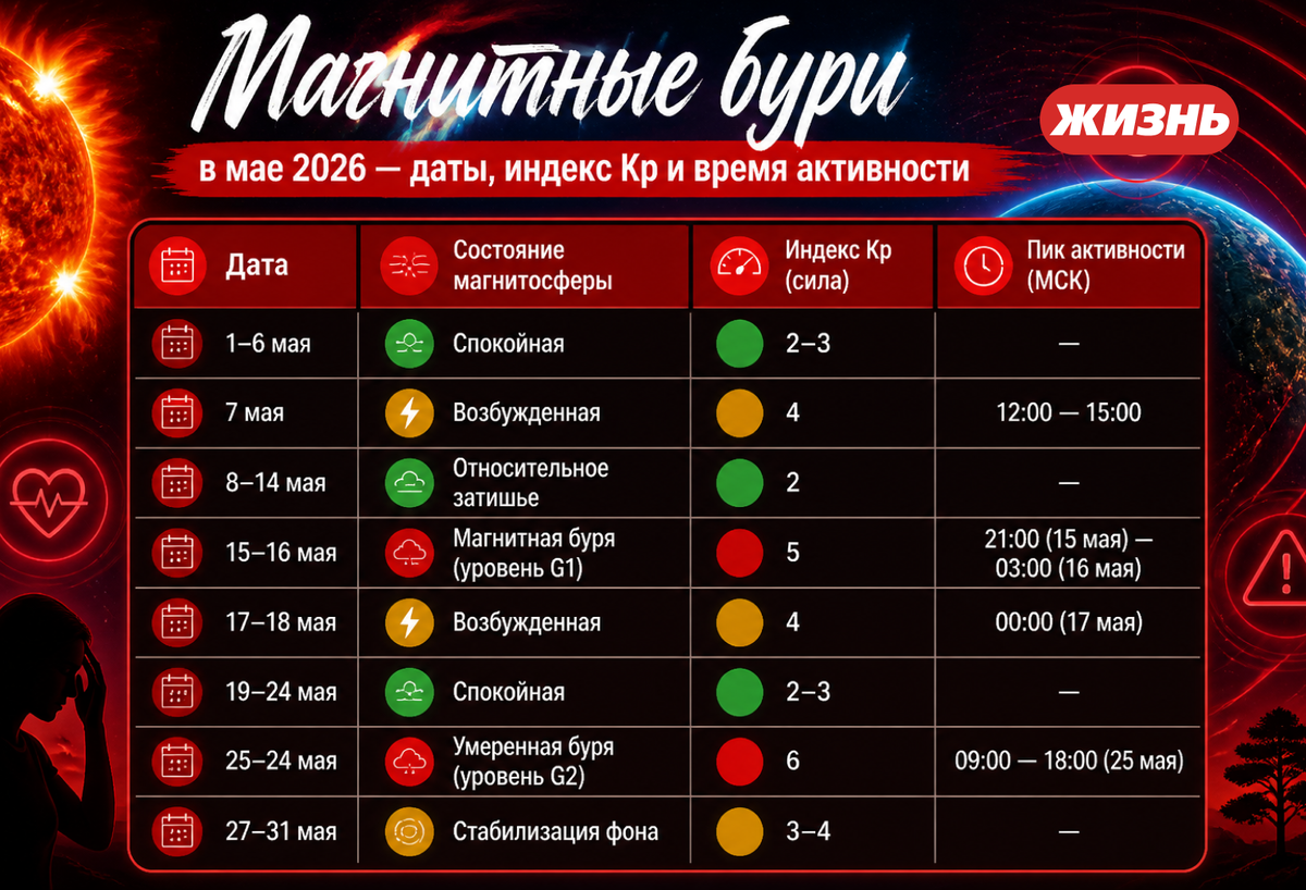    "Магнитные бури в мае 2026 года: даты, индекс Кр и время активности. Коллаж: Сорокина Екатерина"
