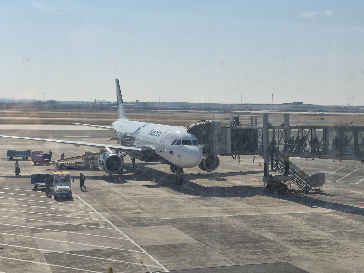 Airbus A319 у телетрапа в аэропорту Харбина