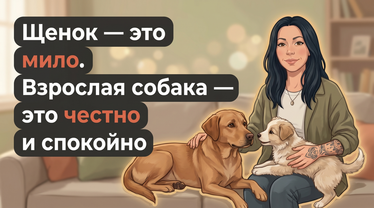    Анна с щенком и взрослой собакой помогает выбрать подходящего компаньона. Анна Марковская