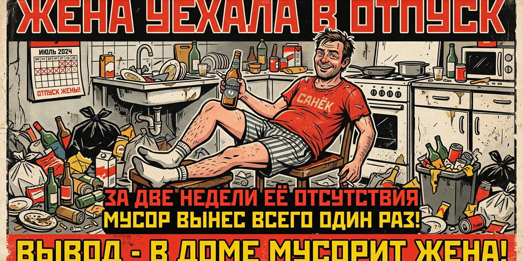 Жена уехала в отпуск. За две недели её отсутствия мусор вынес всего один раз: Вывод - в доме мусорит жена