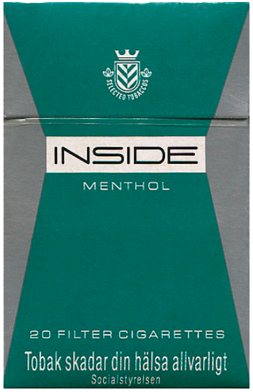 "Inside" Menthol. Швеция, 1990-е годы. 20 штук с фильтром в коробке с откидной крышкой, обернутой целлофаном. Смола 3 мг, никотин 0,2 мг. Цена (была) 37 крон. Производитель: R.J. Reynolds. Владелец торговой марки: R.J. Reynolds.