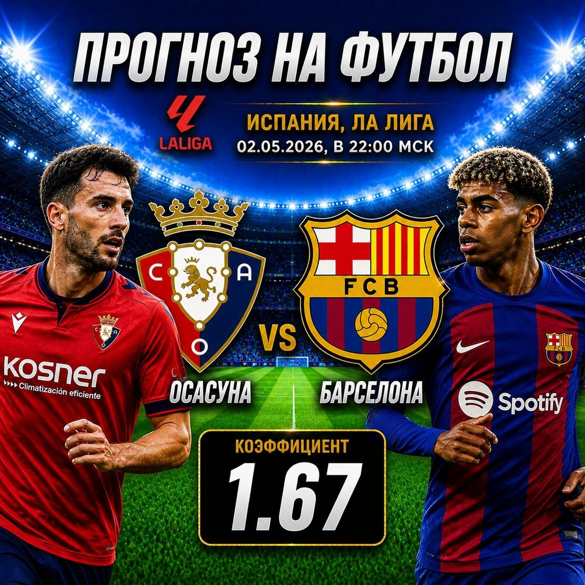Прогноз на матч Осасуна — Барселона 02.05.2026: ставка на победу