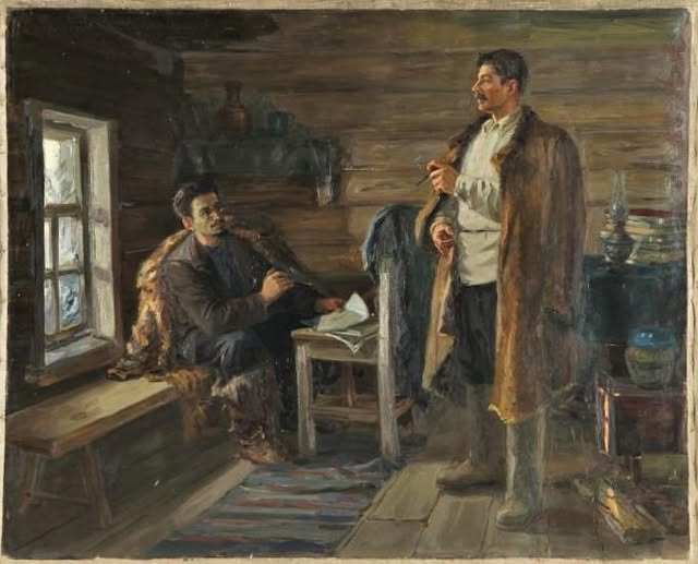 Художник А. Потехин. И. В. Сталин и Я. М. Свердлов в Туруханской ссылке. 1949 год.
Холст, масло. 122 х 153. Вятский художественный музей им. Васнецовых.