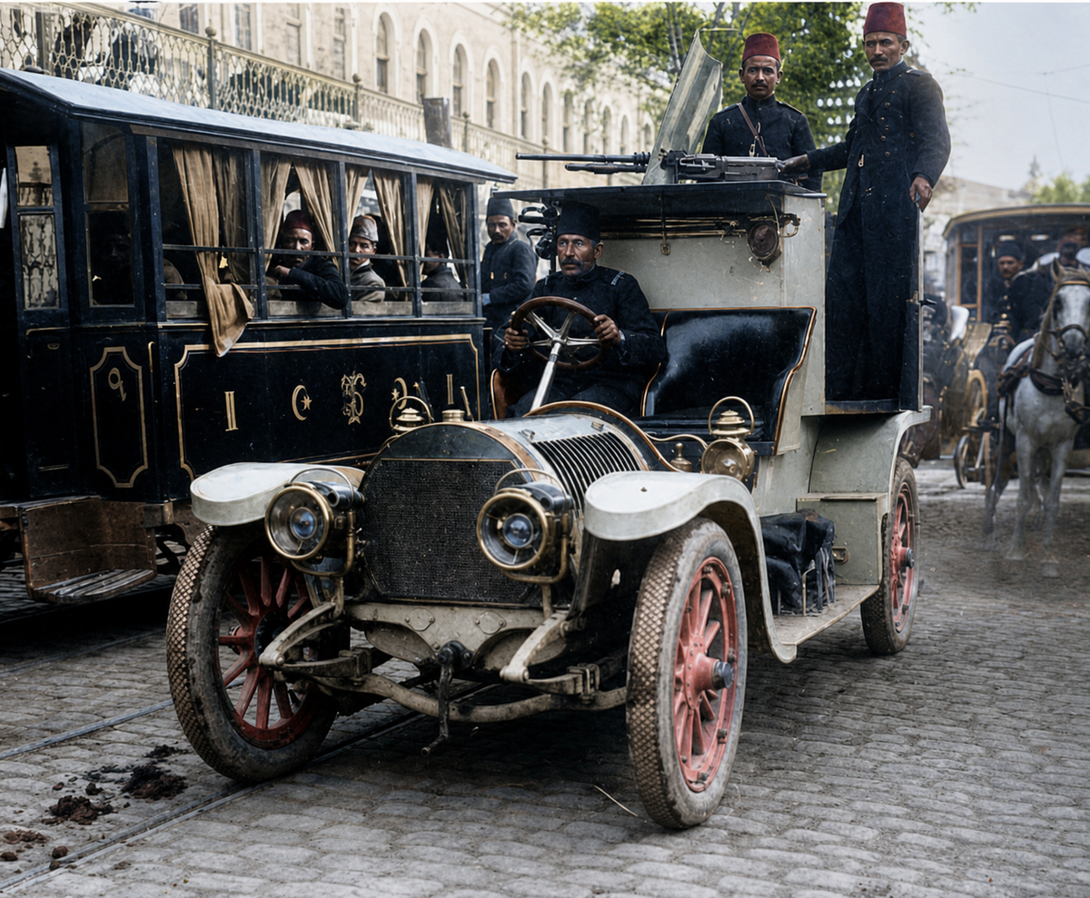 Бронеавтомобиль Hotchkiss et Cie Model 1909 собственной персоной. Изображение раскрашено нейросетью.