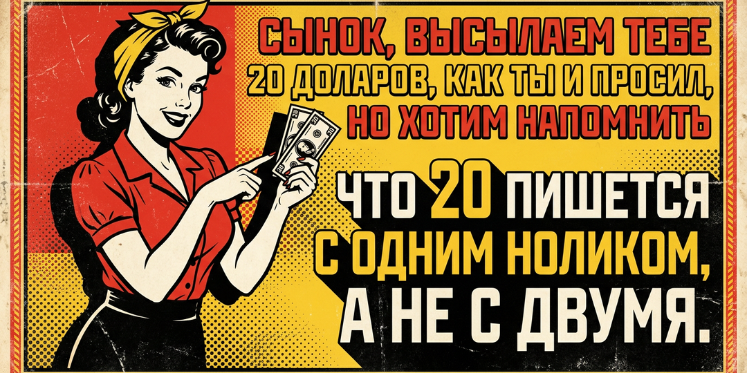 – Сынок, высылаем тебе 20 доларов, как ты и просил, но хотим напомнить, – что 20 пишется с одним ноликом, а не с двумя