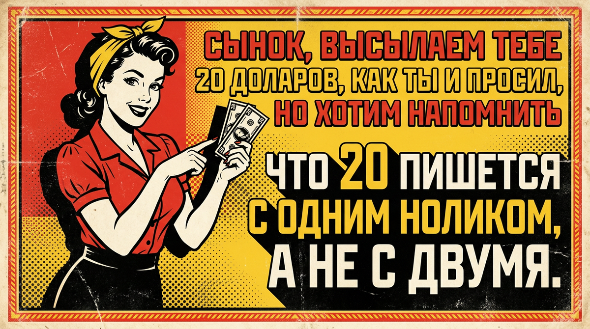 Сынок, высылаем тебе 20 доларов, как ты и просил
