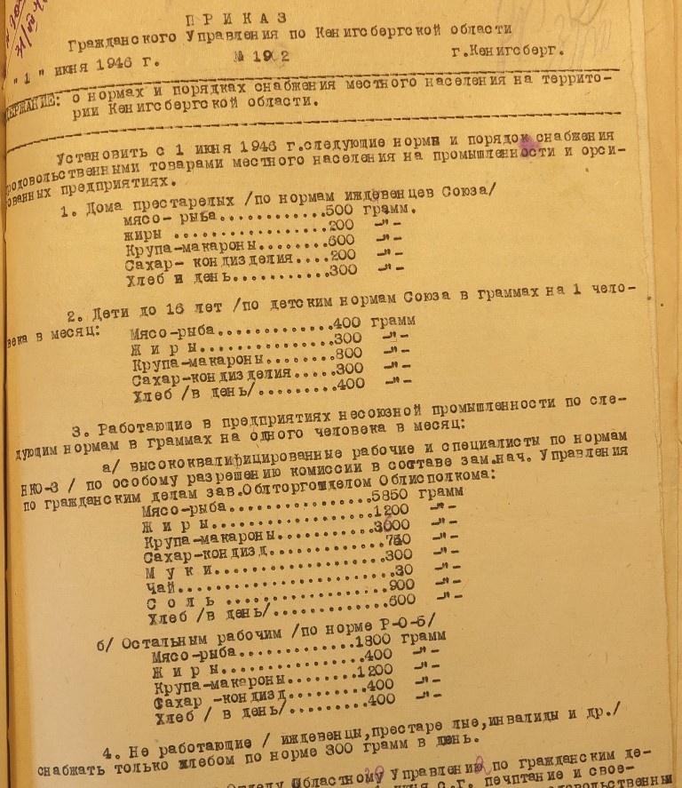Нормы продовольственного снабжения жителей Кёнигсбергской области. 1946 год. 