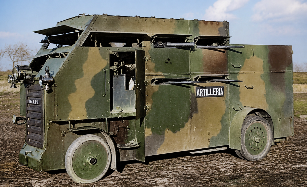 Бронеавтомобиль Schneider-Brillié собственной персоной. Фотография раскрашена при помощи нейросети.