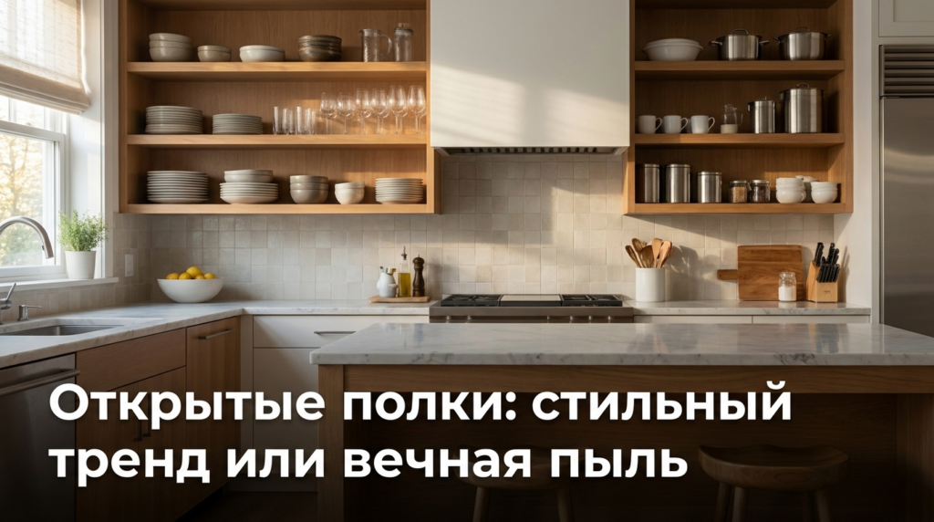    Открытые полки на кухне — эстетичный тренд, требующий особого внимания к порядку. MDKUHNY