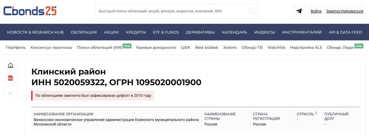 Дефолт по облигациям Клинского района. Источник: cbonds.ru