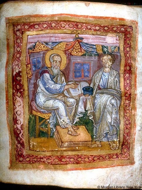 Апостол Иоанн (слева) и (по мнению Эйслера) Маркион Синопский (справа), из библиотеки Моргана MS 748, XI век