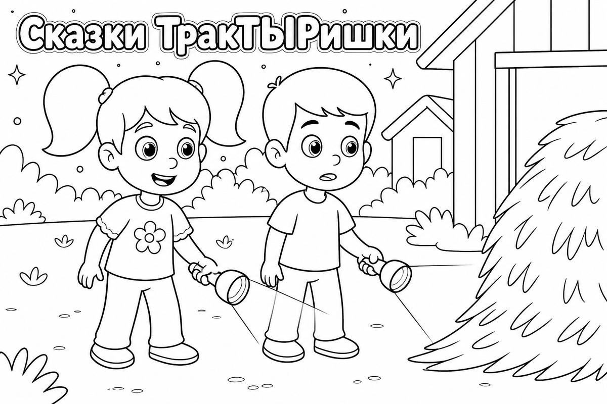 Раскраска «Сказки ТракТЫРишкИ. Деревенские истории» — добрая детская картинка для раскрашивания с весёлыми тракторами, деревенскими приключениями и сказочной атмосферой.
