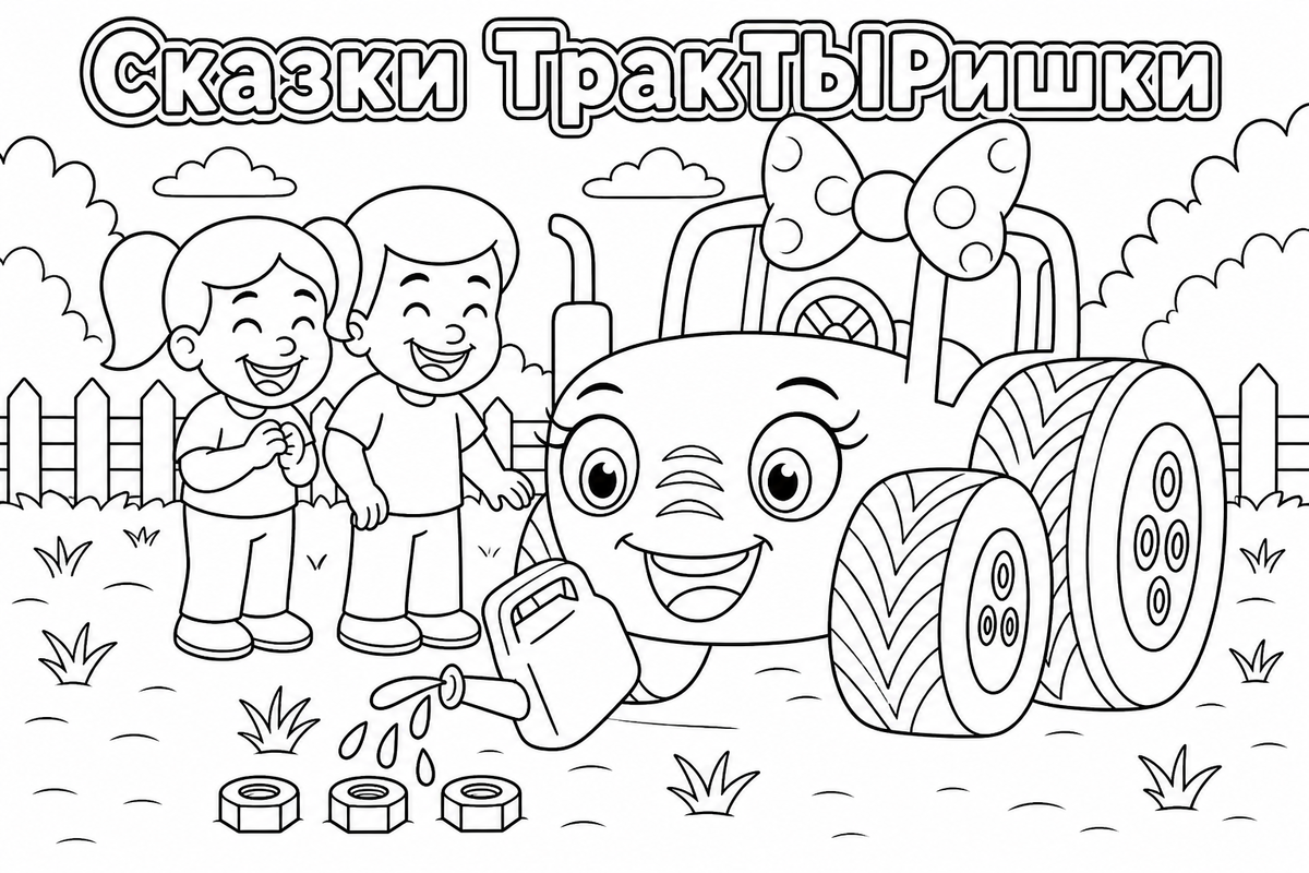 Раскраска «Сказки ТракТЫРишкИ. Деревенские истории» — добрая детская картинка для раскрашивания с весёлыми тракторами, деревенскими приключениями и сказочной атмосферой.