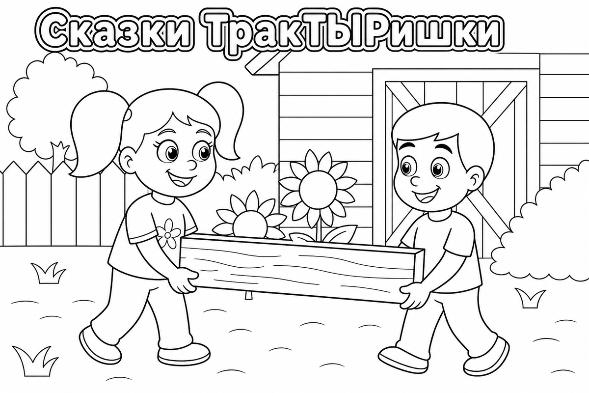 Раскраска «Сказки ТракТЫРишкИ. Деревенские истории» — добрая детская картинка для раскрашивания с весёлыми тракторами, деревенскими приключениями и сказочной атмосферой.