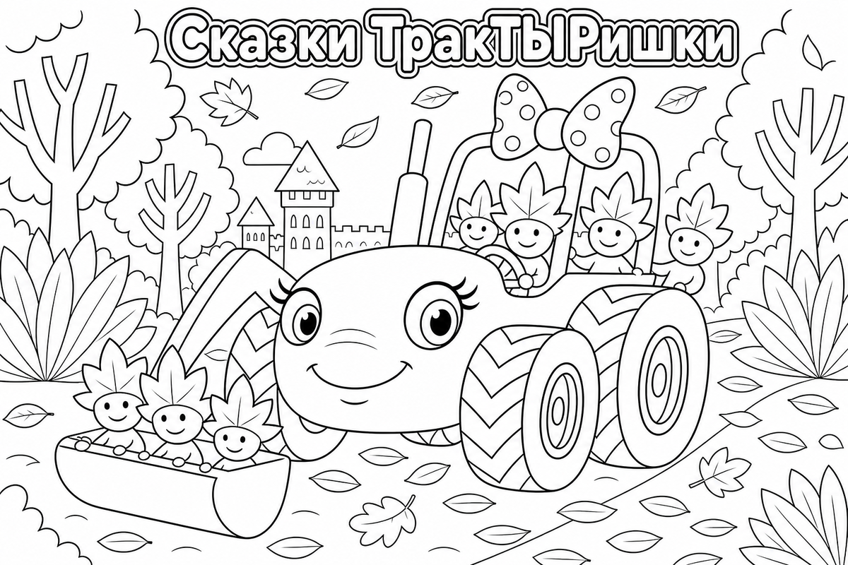 Раскраска «Сказки ТракТЫРишкИ. Деревенские истории» — добрая детская картинка для раскрашивания с весёлыми тракторами, деревенскими приключениями и сказочной атмосферой.