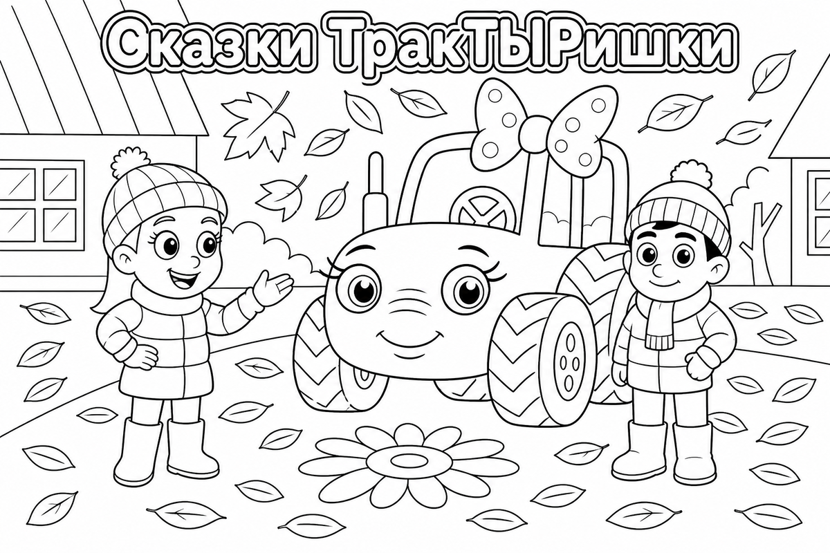 Раскраска «Сказки ТракТЫРишкИ. Деревенские истории» — добрая детская картинка для раскрашивания с весёлыми тракторами, деревенскими приключениями и сказочной атмосферой.