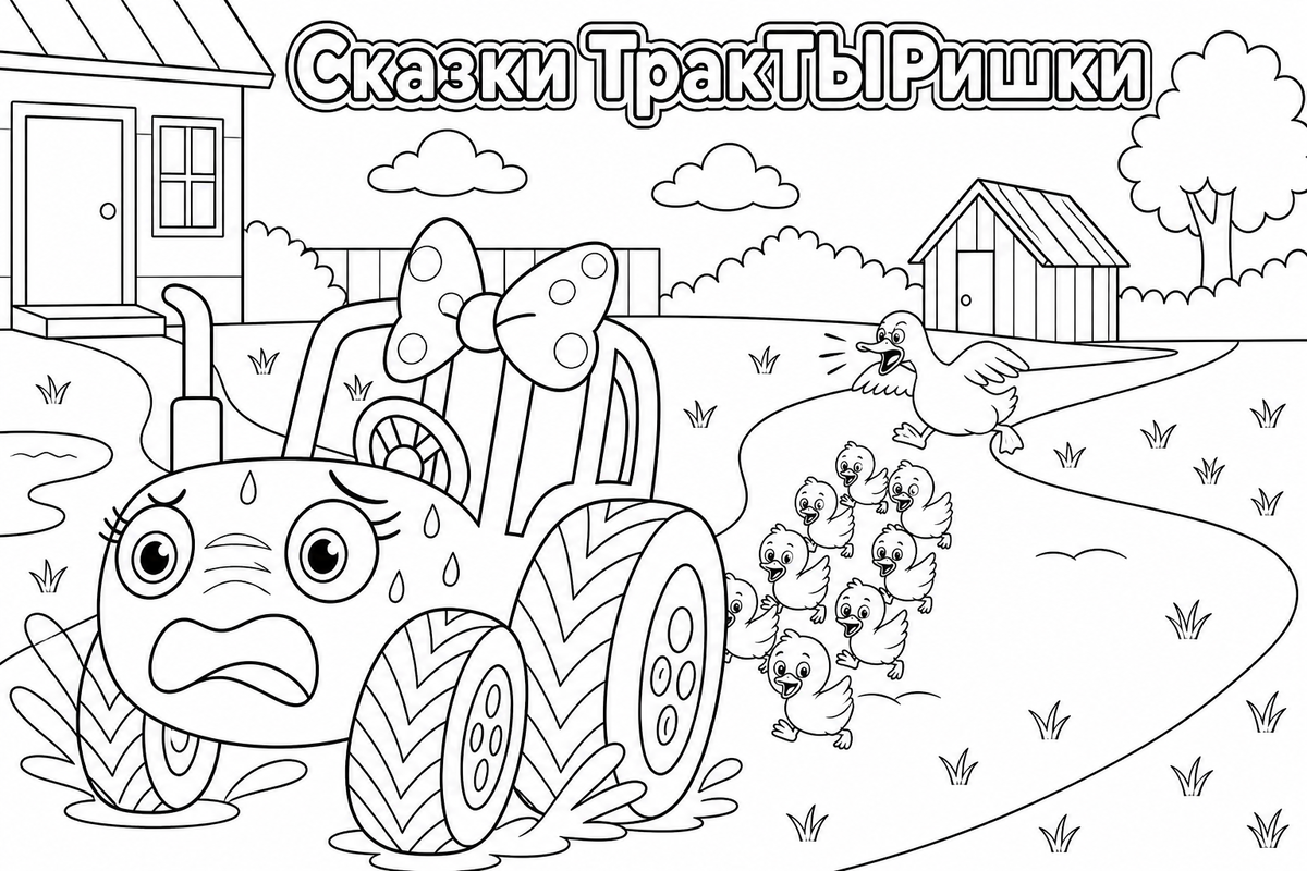 Раскраска «Сказки ТракТЫРишкИ. Деревенские истории» — добрая детская картинка для раскрашивания с весёлыми тракторами, деревенскими приключениями и сказочной атмосферой.