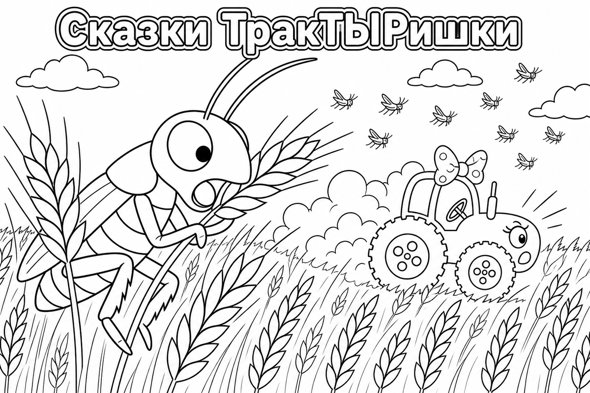 Раскраска «Сказки ТракТЫРишкИ. Деревенские истории» — добрая детская картинка для раскрашивания с весёлыми тракторами, деревенскими приключениями и сказочной атмосферой.