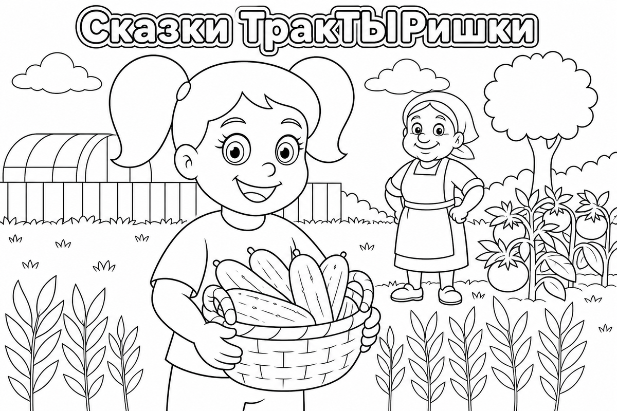 Раскраска «Сказки ТракТЫРишкИ. Деревенские истории» — добрая детская картинка для раскрашивания с весёлыми тракторами, деревенскими приключениями и сказочной атмосферой.