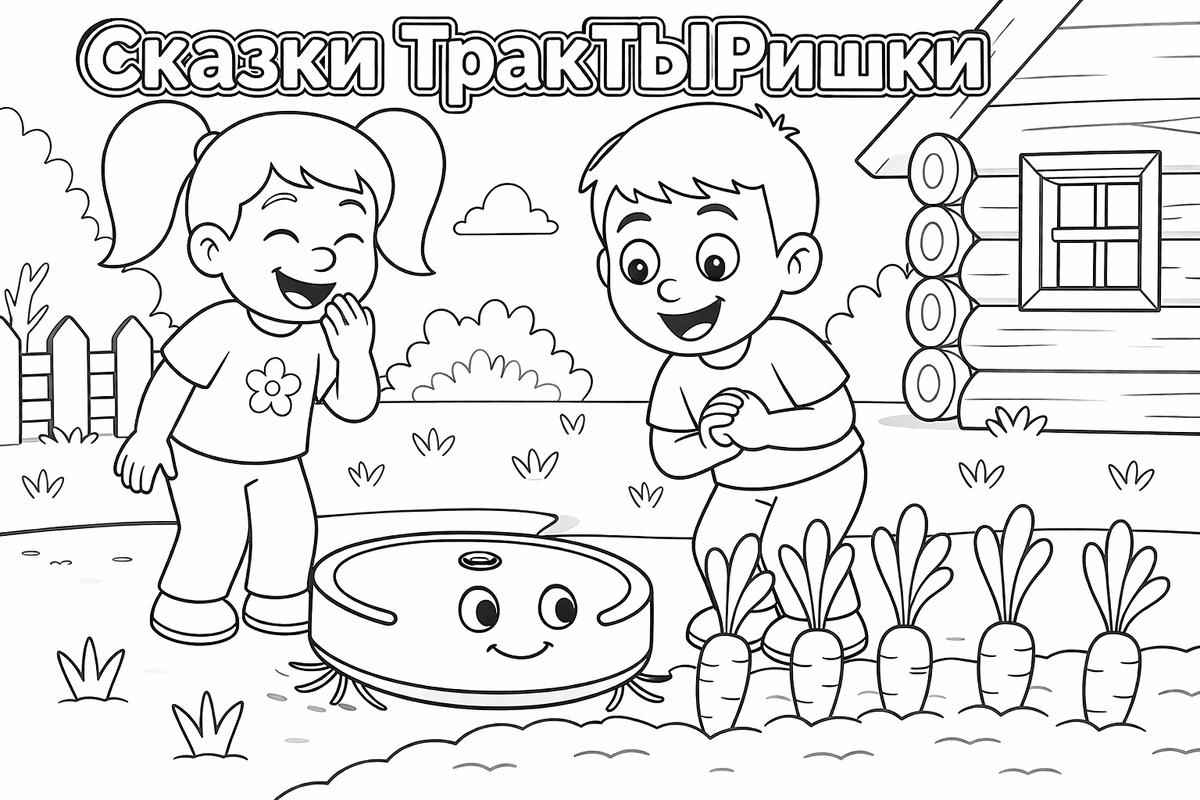 Раскраска «Сказки ТракТЫРишкИ. Деревенские истории» — добрая детская картинка для раскрашивания с весёлыми тракторами, деревенскими приключениями и сказочной атмосферой.