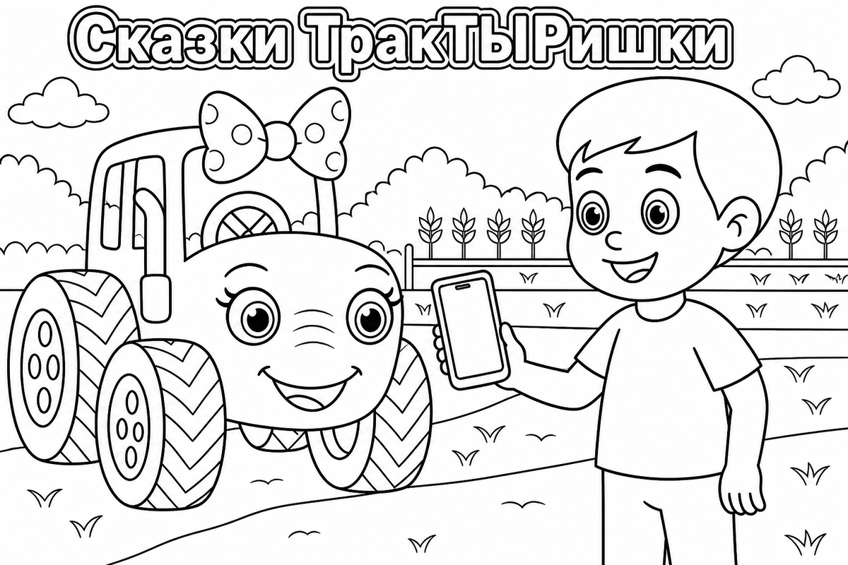 Раскраска «Сказки ТракТЫРишкИ. Деревенские истории» — добрая детская картинка для раскрашивания с весёлыми тракторами, деревенскими приключениями и сказочной атмосферой.