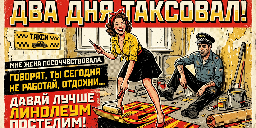 Два дня таксовал. Мне жена посочувствовала. Говорит, ты сегодня не работай, отдохни, давай лучше линолеум постелим