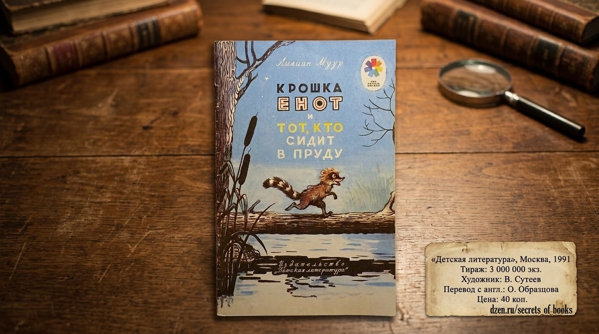 Лилиан Муур "Крошка енот и тот, кто сидит в пруду". Издательство "Детская литература", Москва 1991 год. Тираж 3 000 000 экземпляров. Художник В.Сутеев. Пересказала с английского О.Образцова