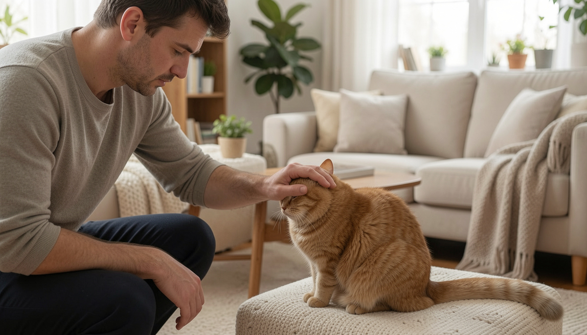 мужчина пытается погладить кота, кот отворачивается