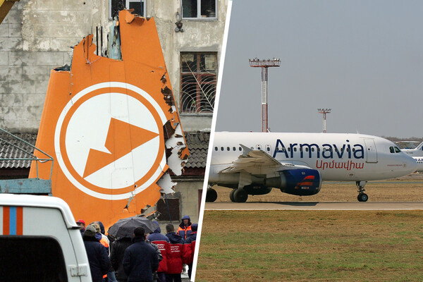 Кран поднимает хвостовую часть разбившегося пассажирского самолета Airbus A320 авиакомпании Armavia в Сочи и самолёт Airbus A320 за 3 дня до авиакатастрофы (коллаж) / Sergei Karpukhin/Reuters   📷
