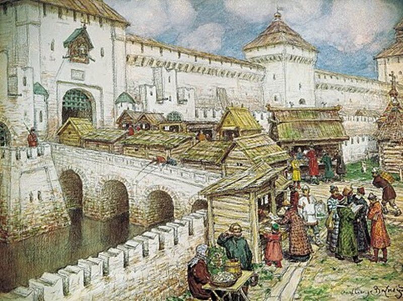 Апполинарий Васнецов. Москва, XVII, книжные лавочки и ров с отводом воды от Неглинки у Спасской башни Кремля. Ныне там Кремлёвский некрополь.