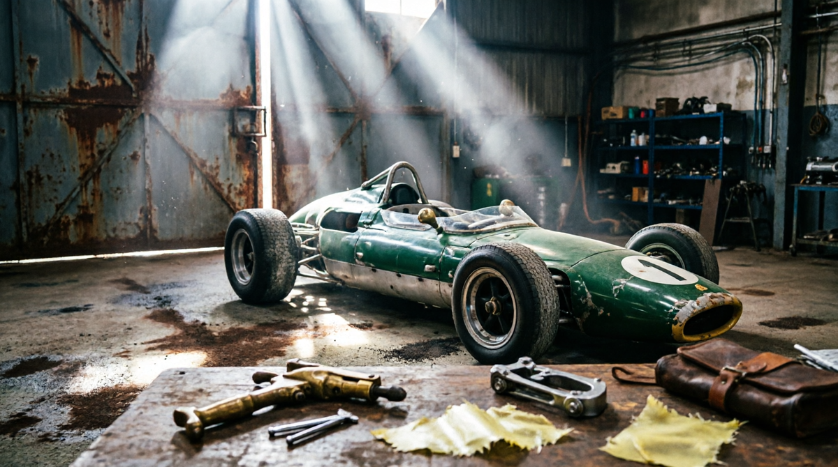 Lotus 25 в заброшенном ангаре.