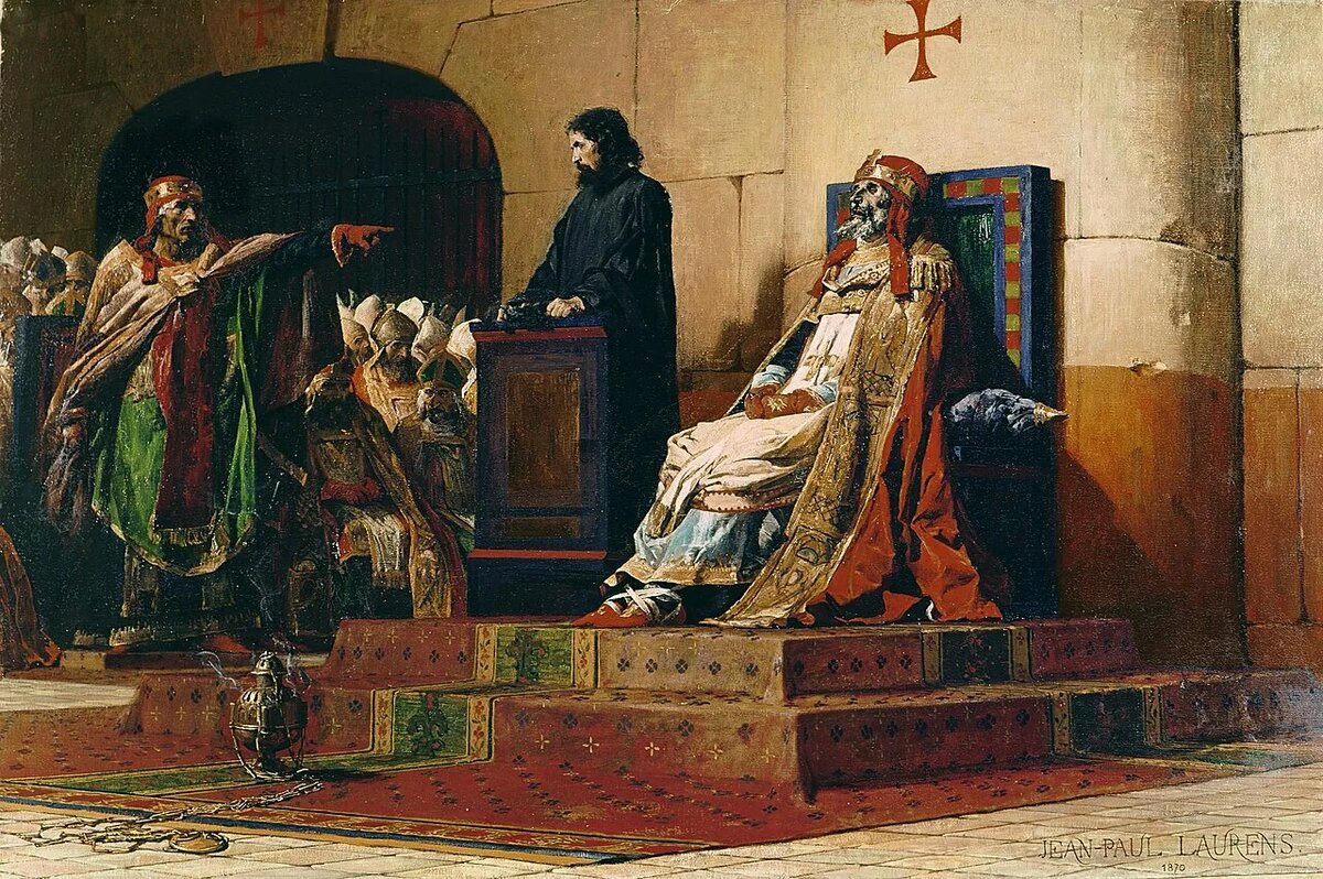 Картина художника Жана-Поля Лорана «Трупный синод» (1870). На ней мертвый папа в тиаре сидит на троне, а живой папа в исступлении кричит на него.