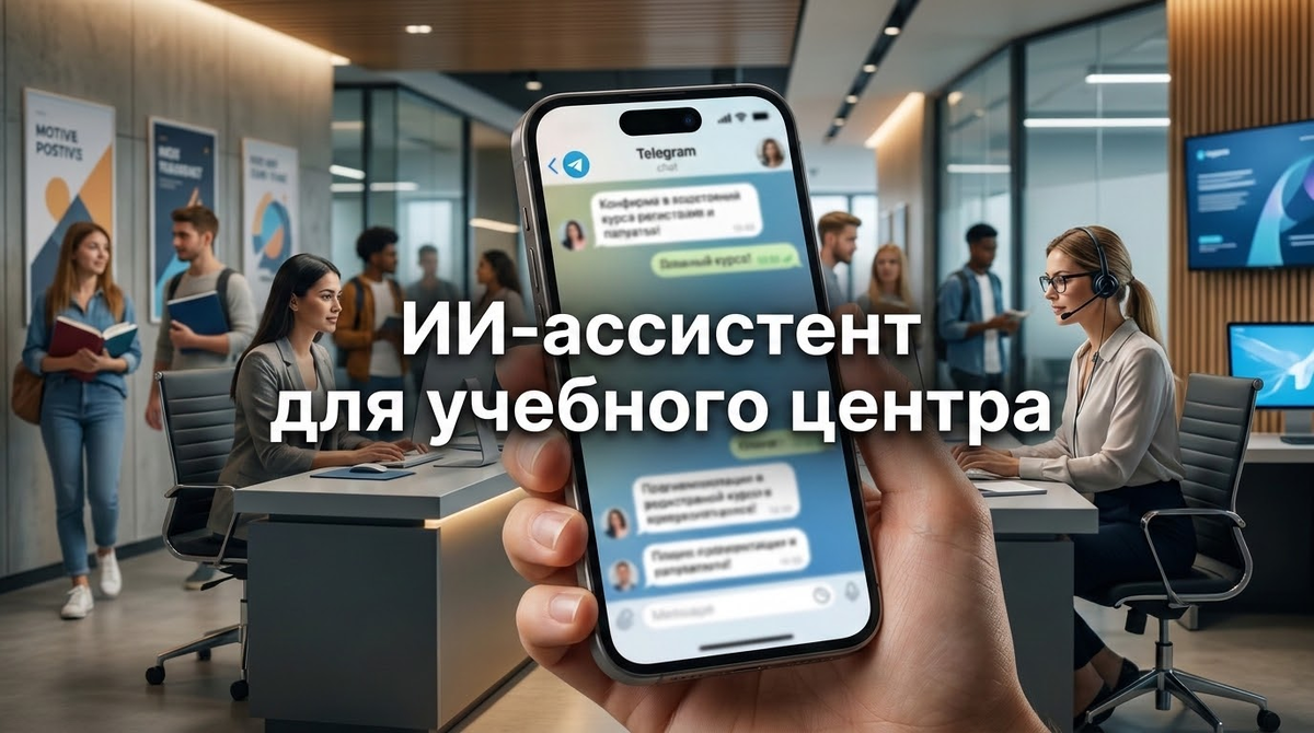 ИИ-ассистент учебного центра записывает ученика в группу и отправляет реквизиты в Telegram на экране смартфона