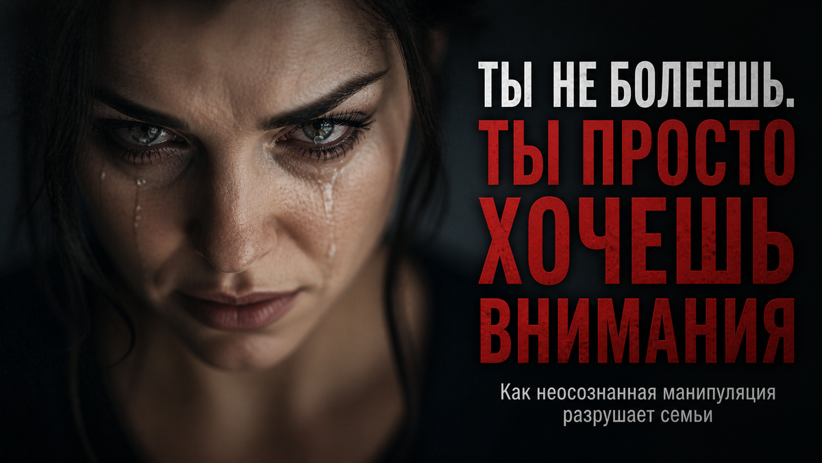 Крупный план лица женщины с двойственным выражением — страдание и расчёт.